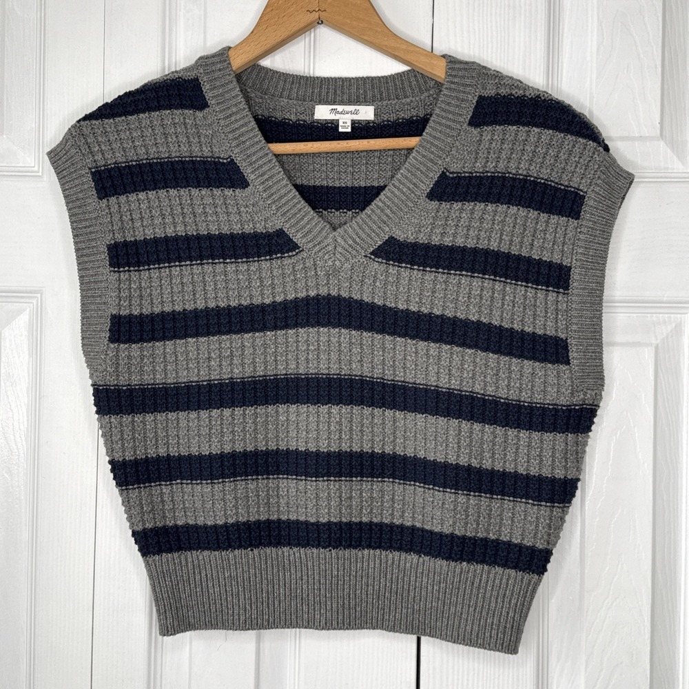 Madewell Waffle-Knit Sweater Vest  Cotton Cropped V-Neck Heather Gray‎ XS NEW